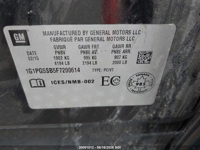 30091012 :رقم المزاد ، 1G1PG5SB5F7200614 vin ، 2015 Chevrolet Cruze Ltz مزاد بيع
