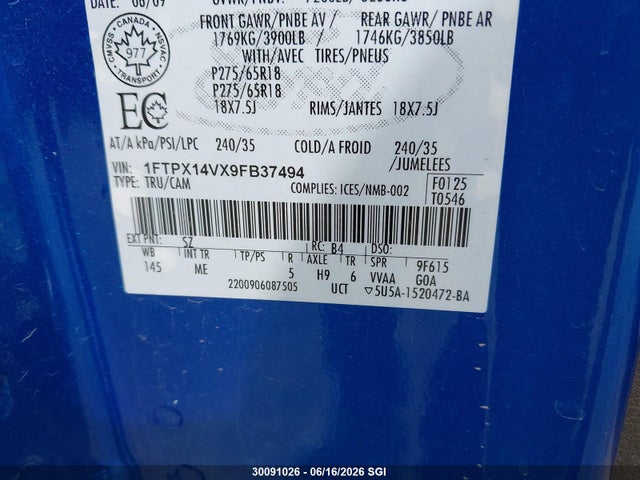 Продажа на аукционе авто 2009 Ford F150 Super Cab, vin: 1FTPX14VX9FB37494, номер лота: 30091026