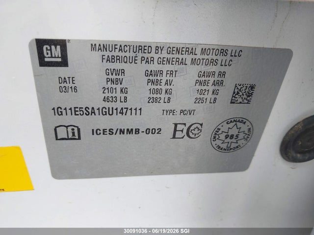 Aukcja sprzedaży 2016 Chevrolet Malibu Limited Ltz, vin: 1G11E5SA1GU147111, numer aukcji: 30091036