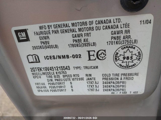 Aukcja sprzedaży 2005 Gmc New Sierra K1500, vin: 2GTEK19V451215543, numer aukcji: 30086722