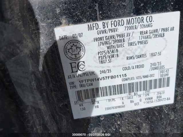 Auction sale of the 2007 Ford F150 Supercrew, vin: 1FTPW14V57FB01115, lot number: 30089070