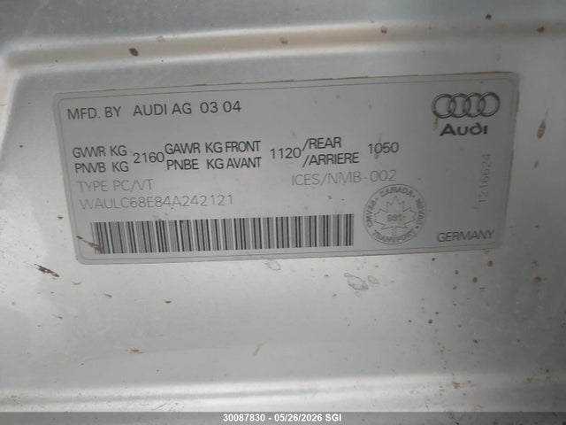 30087830 :رقم المزاد ، WAULC68E84A242121 vin ، 2004 Audi A4 1.8t Quattro مزاد بيع