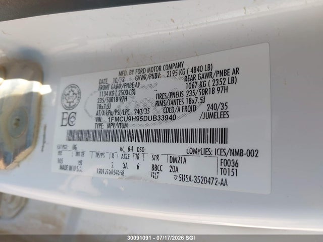 Продажа на аукционе авто 2013 Ford Escape Sel, vin: 1FMCU9H95DUB33940, номер лота: 30091091