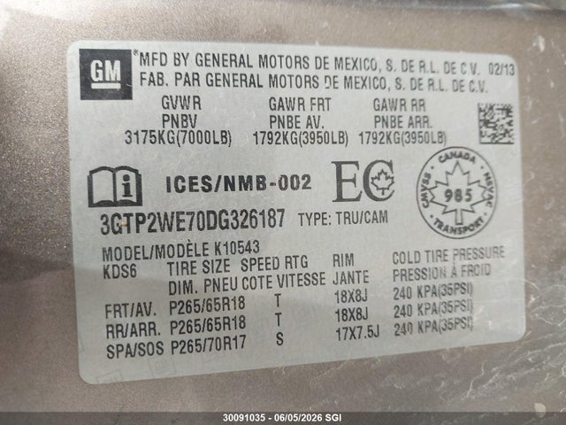 Aukcja sprzedaży 2013 Gmc Sierra K1500 Slt, vin: 3GTP2WE70DG326187, numer aukcji: 30091035