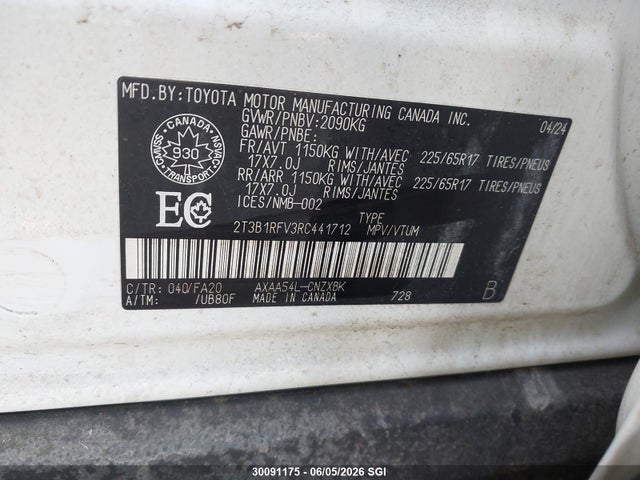 Продажа на аукционе авто 2024 Toyota Rav4 Le, vin: 2T3B1RFV3RC441712, номер лота: 30091175