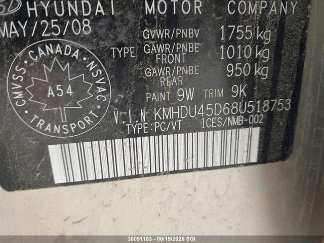 2008 Hyundai Elantra Gl/gls მანქანა იყიდება აუქციონზე, vin: KMHDU45D68U518753, აუქციონის ნომერი: 30091183
