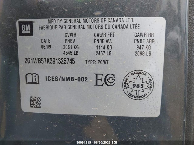 30091215 :رقم المزاد ، 2G1WB57K391325745 vin ، 2009 Chevrolet Impala Ls مزاد بيع