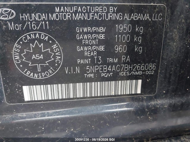 2011 Hyundai Sonata Gls მანქანა იყიდება აუქციონზე, vin: 5NPEB4AC7BH266086, აუქციონის ნომერი: 30091230