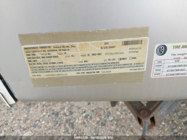 30091238 :رقم المزاد ، 4X4TPUE238P016135 vin ، 2008 Palomino Puma مزاد بيع