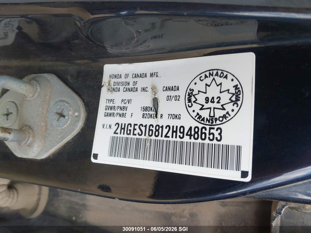 Aukcja sprzedaży 2002 Honda Civic Lx, vin: 2HGES16812H948653, numer aukcji: 30091051