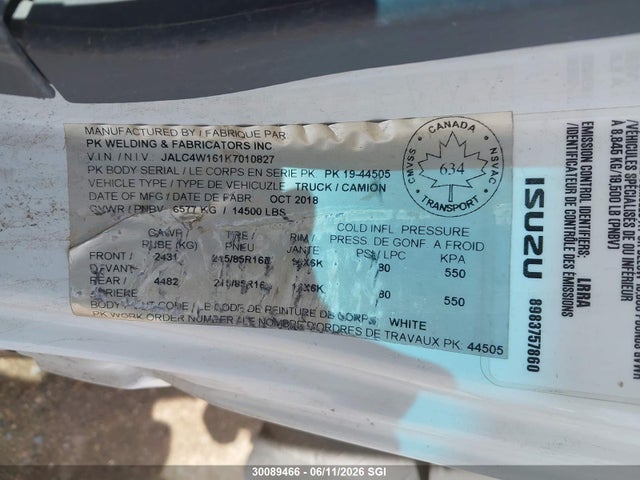 30089466 :رقم المزاد ، JALC4W161K7010827 vin ، 2019 Isuzu Npr Hd مزاد بيع