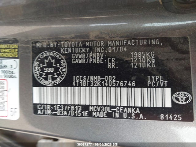 Продаж на аукціоні авто 2004 Toyota Camry Le/xle/se, vin: 4T1BF32K14U576746, номер лоту: 30087277
