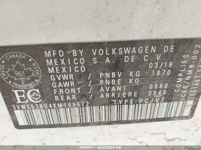 Aukcja sprzedaży 2019 Volkswagen Jetta S/se/r-line, vin: 3VWC57BU4KM169572, numer aukcji: 30090917