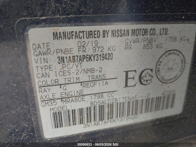 Продаж на аукціоні авто 2019 Nissan Sentra S/sv/sr/sl, vin: 3N1AB7AP6KY319420, номер лоту: 30090653