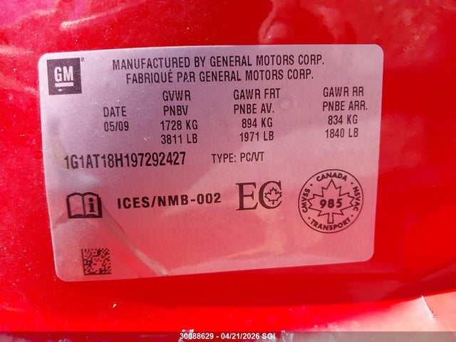 2009 Chevrolet Cobalt Lt მანქანა იყიდება აუქციონზე, vin: 1G1AT18H197292427, აუქციონის ნომერი: 30088629