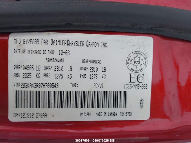 Продажа на аукционе авто 2007 Dodge Charger Se/sxt, vin: 2B3KA43R07H700549, номер лота: 30087609