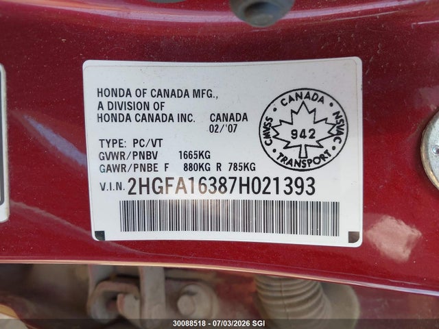 Aukcja sprzedaży 2007 Honda Civic Sdn, vin: 2HGFA16387H021393, numer aukcji: 30088518