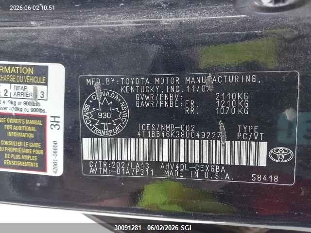 30091281 :رقم المزاد ، 4T1BB46K38U049227 vin ، 2008 Toyota Camry Hybrid مزاد بيع