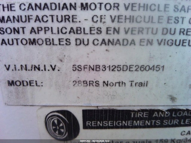 30091282 :رقم المزاد ، 5SFNB3125DE260451 vin ، 2013 Heartland North Trail 32ft مزاد بيع
