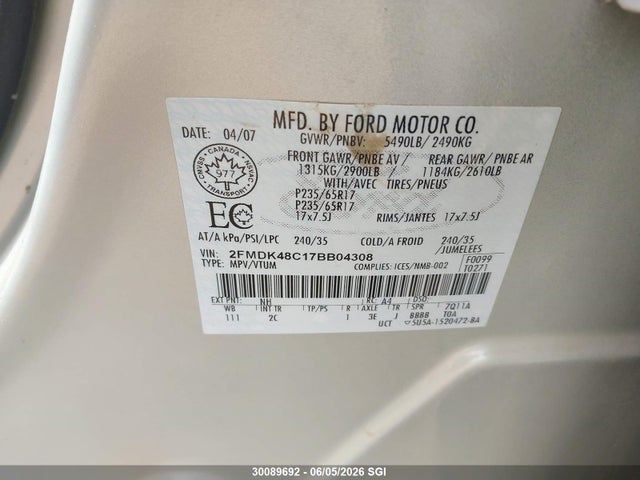 2007 Ford Edge Sel მანქანა იყიდება აუქციონზე, vin: 2FMDK48C17BB04308, აუქციონის ნომერი: 30089692