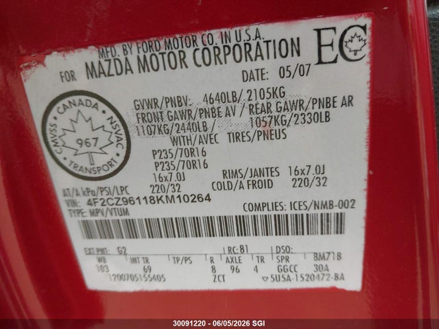 Aukcja sprzedaży 2008 Mazda Tribute S, vin: 4F2CZ96118KM10264, numer aukcji: 30091220