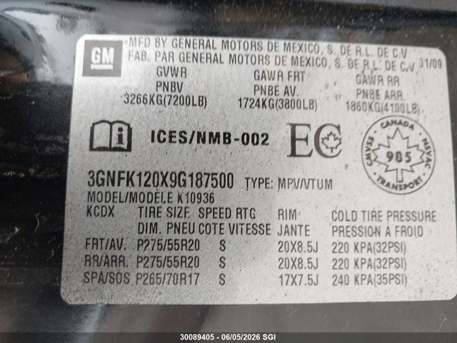 Продаж на аукціоні авто 2009 Chevrolet Avalanche K1500 Ls, vin: 3GNFK120X9G187500, номер лоту: 30089405