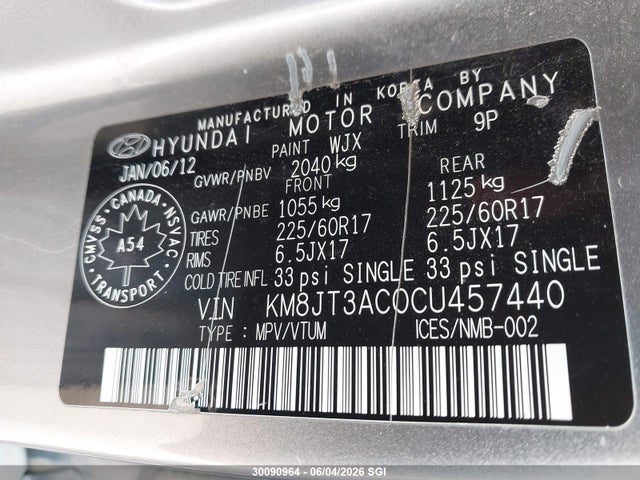 30090964 :رقم المزاد ، KM8JT3AC0CU457440 vin ، 2012 Hyundai Tucson Gl مزاد بيع
