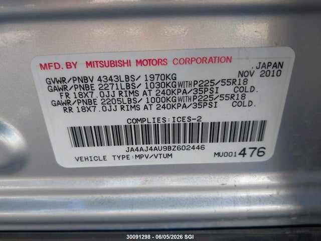 30091298 :رقم المزاد ، JA4AJ4AU9BZ602446 vin ، 2011 Mitsubishi Rvr Gt مزاد بيع