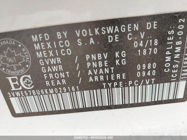 3VWE57BU6KM029161 Volkswagen JETTA SEL