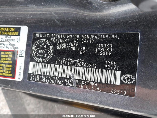 30091318 :رقم المزاد ، 4T1BF1FK1DU686212 vin ، 2013 Toyota Camry L/se/le/xle مزاد بيع