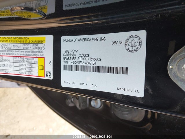 30088451 :رقم المزاد ، 1HGCV1E32JA809164 vin ، 2018 Honda Accord Sport مزاد بيع
