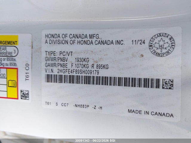 2HGFE4F89SH009179 Honda Civic Sport/sport Touring