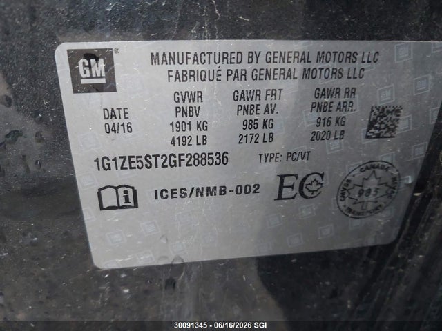 30091345 :رقم المزاد ، 1G1ZE5ST2GF288536 vin ، 2016 Chevrolet Malibu Lt مزاد بيع