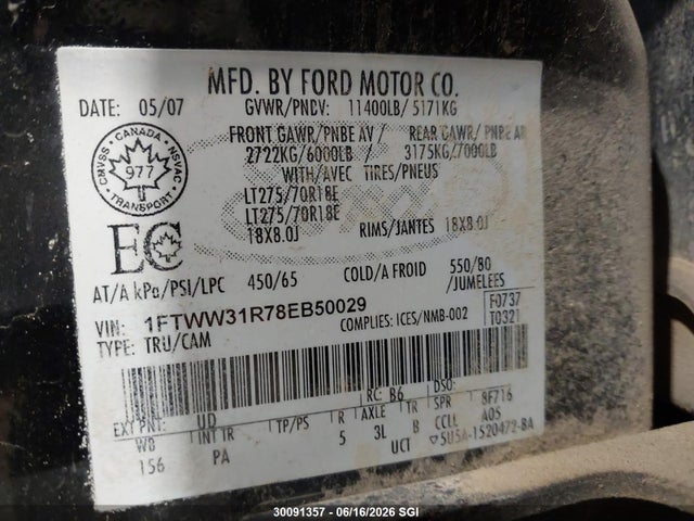 Продажа на аукционе авто 2008 Ford F350 Srw Super Duty, vin: 1FTWW31R78EB50029, номер лота: 30091357