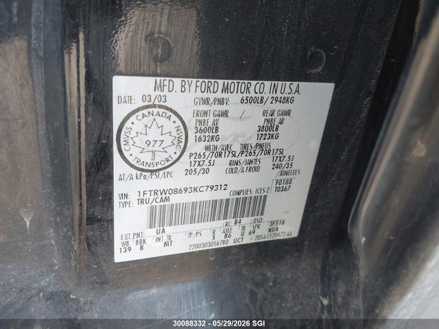 30088332 :رقم المزاد ، 1FTRW08693KC79312 vin ، 2003 Ford F150 Supercrew مزاد بيع