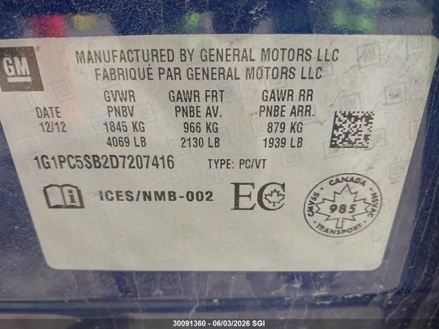 Продажа на аукционе авто 2013 Chevrolet Cruze Lt, vin: 1G1PC5SB2D7207416, номер лота: 30091360