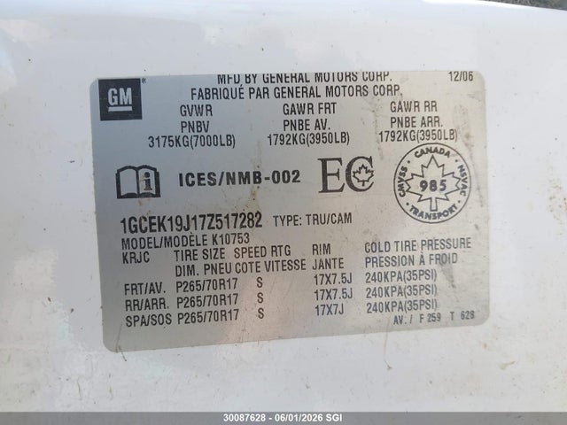 Продаж на аукціоні авто 2007 Chevrolet Silverado K1500, vin: 1GCEK19J17Z517282, номер лоту: 30087628