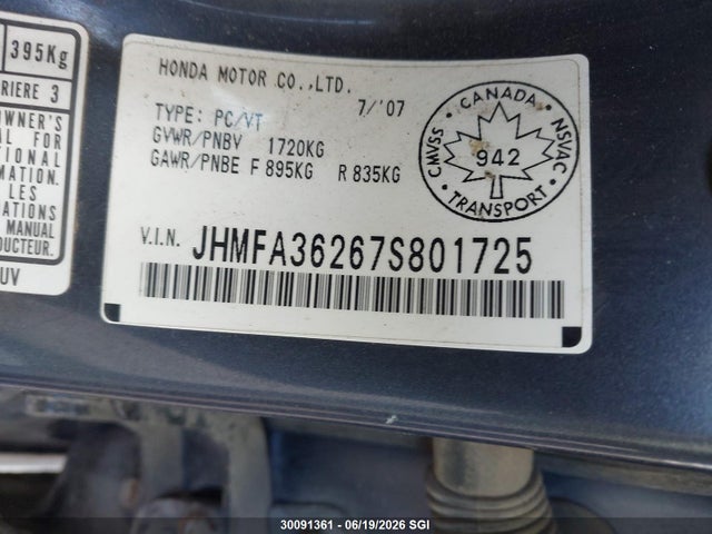 2007 Honda Civic Hybrid მანქანა იყიდება აუქციონზე, vin: JHMFA36267S801725, აუქციონის ნომერი: 30091361