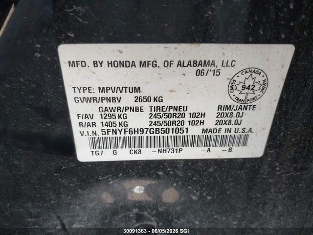 2016 Honda Pilot Touring მანქანა იყიდება აუქციონზე, vin: 5FNYF6H97GB501051, აუქციონის ნომერი: 30091363