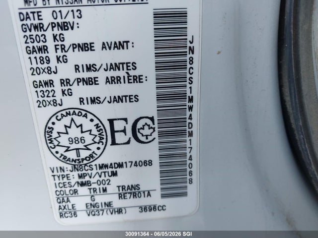 Aukcja sprzedaży 2013 Infiniti Fx37, vin: JN8CS1MW4DM174068, numer aukcji: 30091364