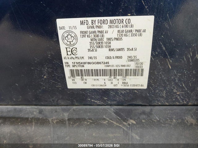 30089794 :رقم المزاد ، 1FM5K8F86GGB67245 vin ، 2016 Ford Explorer Limited مزاد بيع