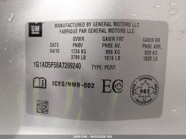 30091348 :رقم المزاد ، 1G1AD5F58A7209240 vin ، 2010 Chevrolet Cobalt 1lt مزاد بيع