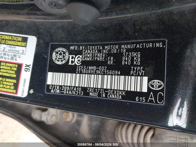 Продаж на аукціоні авто 2019 Toyota Corolla L/le/xle/se/xse, vin: 2T1BURHE9KC156094, номер лоту: 30086764