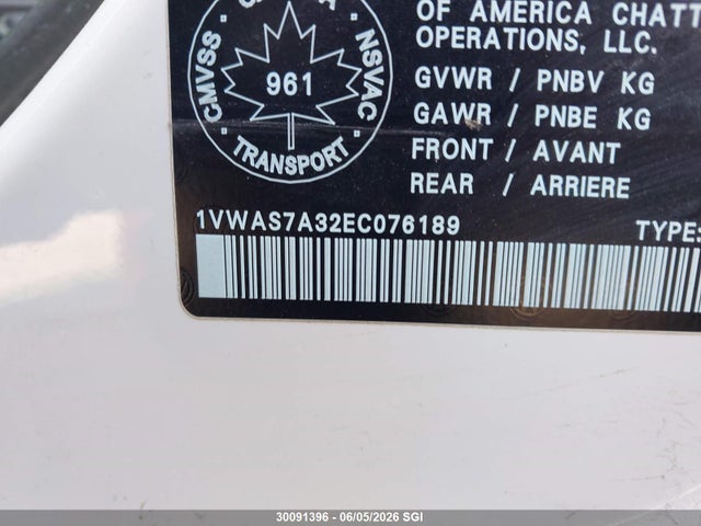 2014 Volkswagen Passat S მანქანა იყიდება აუქციონზე, vin: 1VWAS7A32EC076189, აუქციონის ნომერი: 30091396