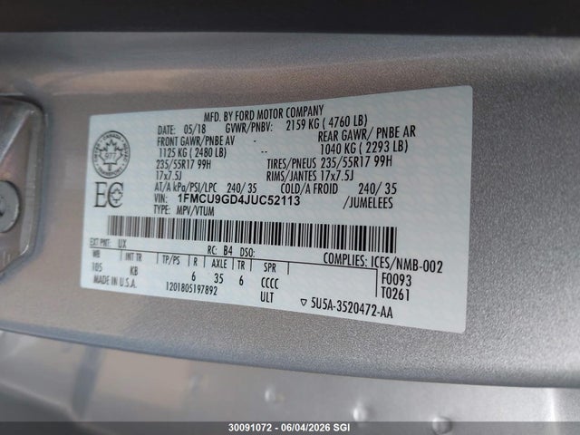 2018 Ford Escape Se მანქანა იყიდება აუქციონზე, vin: 1FMCU9GD4JUC52113, აუქციონის ნომერი: 30091072