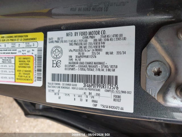 2018 Ford Fusion Se მანქანა იყიდება აუქციონზე, vin: 3FA6P0T99JR112576, აუქციონის ნომერი: 30089758