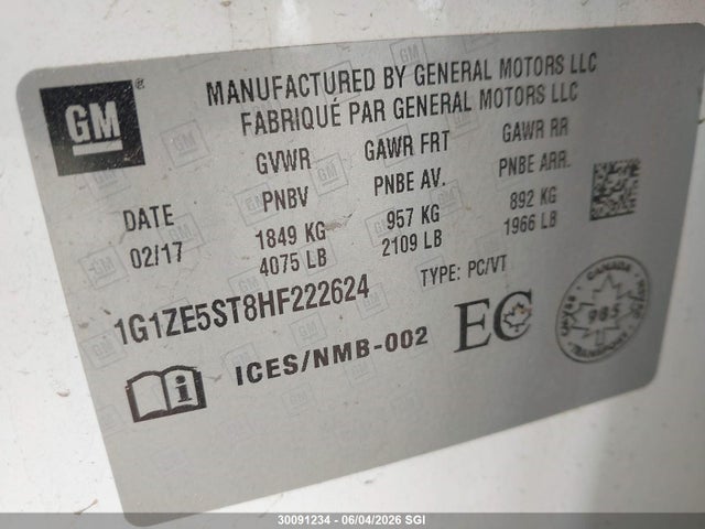 2017 Chevrolet Malibu Lt მანქანა იყიდება აუქციონზე, vin: 1G1ZE5ST8HF222624, აუქციონის ნომერი: 30091234