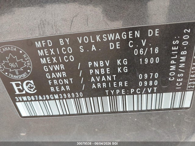 30079538 :رقم المزاد ، 3VWD67AJ9GM398930 vin ، 2016 Volkswagen Jetta Sedan مزاد بيع