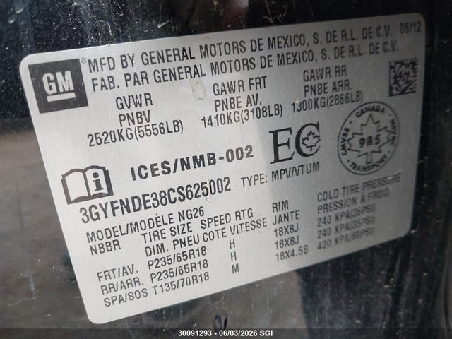 Продаж на аукціоні авто 2012 Cadillac Srx Luxury Collection, vin: 3GYFNDE38CS625002, номер лоту: 30091293