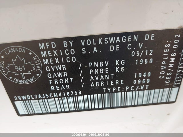2012 Volkswagen Jetta Tdi მანქანა იყიდება აუქციონზე, vin: 3VWDL7AJ5CM416259, აუქციონის ნომერი: 30090620